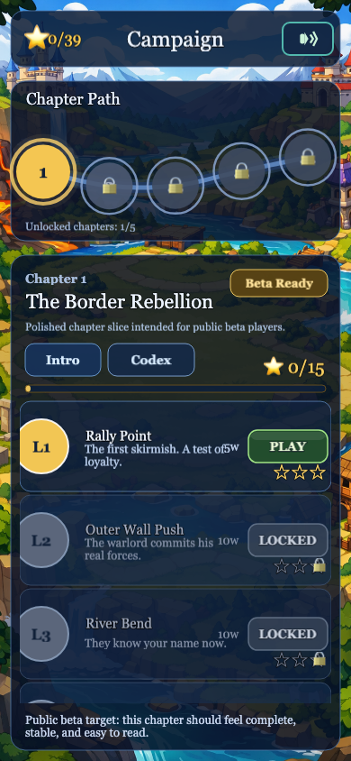The Broken Crown campaign screen showing Chapter 1 levels